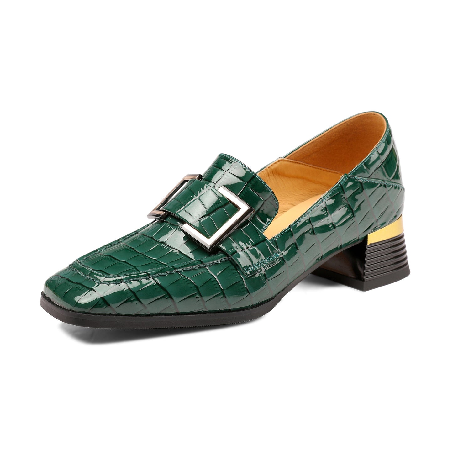 Nine Seven Women's Patent Leather Square Toe Handmade Buckled Casual Loafers Shoes with Low Chunky Heels