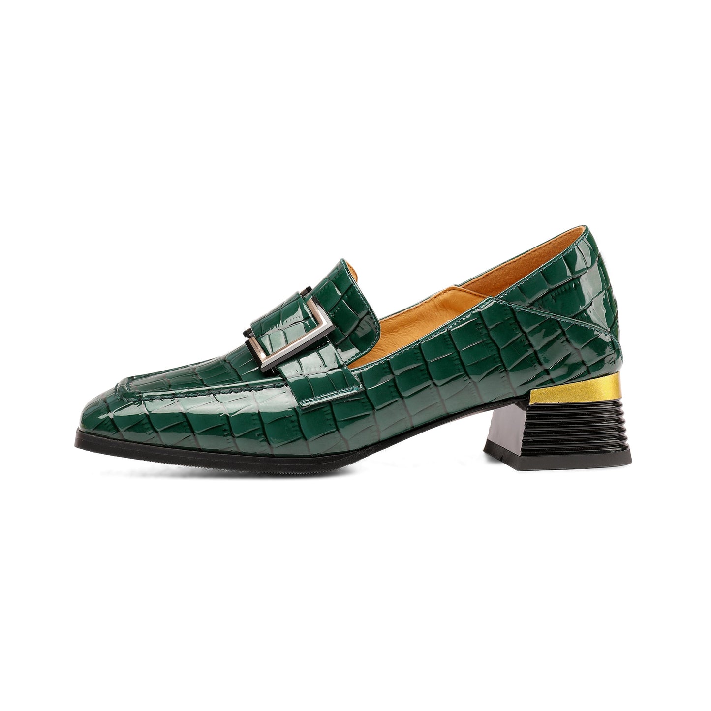 Nine Seven Women's Patent Leather Square Toe Handmade Buckled Casual Loafers Shoes with Low Chunky Heels