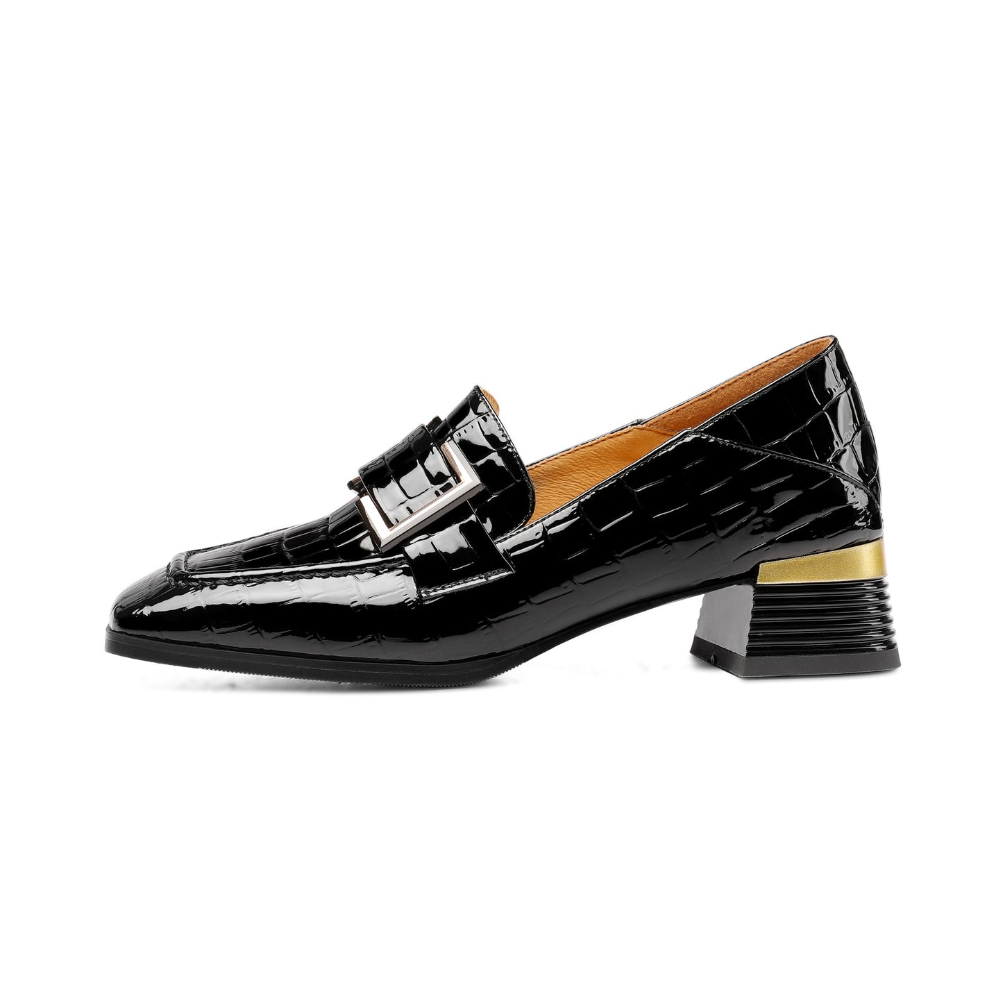 Nine Seven Women's Patent Leather Square Toe Handmade Buckled Casual Loafers Shoes with Low Chunky Heels