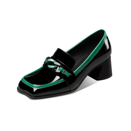 Nine Seven Women's Patent Leather Square Toe Handmade Assorted Color Chunky Heel Trendy Loafers with Chain Décor