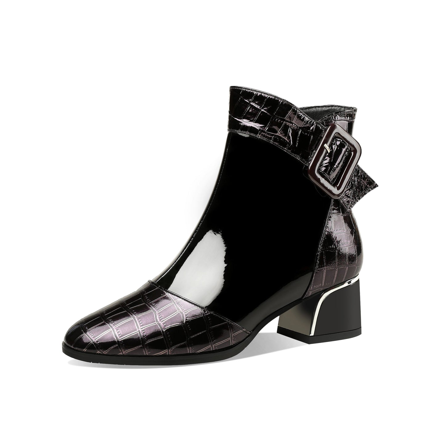 Nine Seven Women's Patent Leather Handmade Round Toe Side Zipper Buckled Low Chunky Heel Stylish Bootie