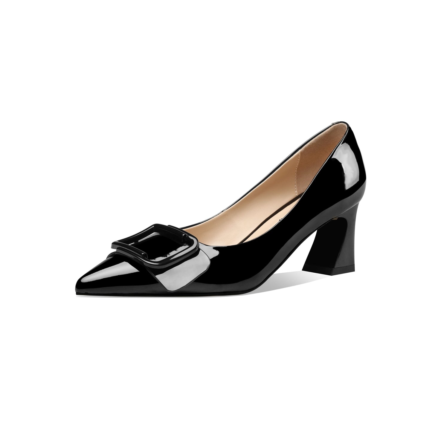 Nine Seven Handmade Women's Clossy Patent Leather Mid Spool Heel Pointed Toe Slip On Modern Pumps with Square Buckle Pattern