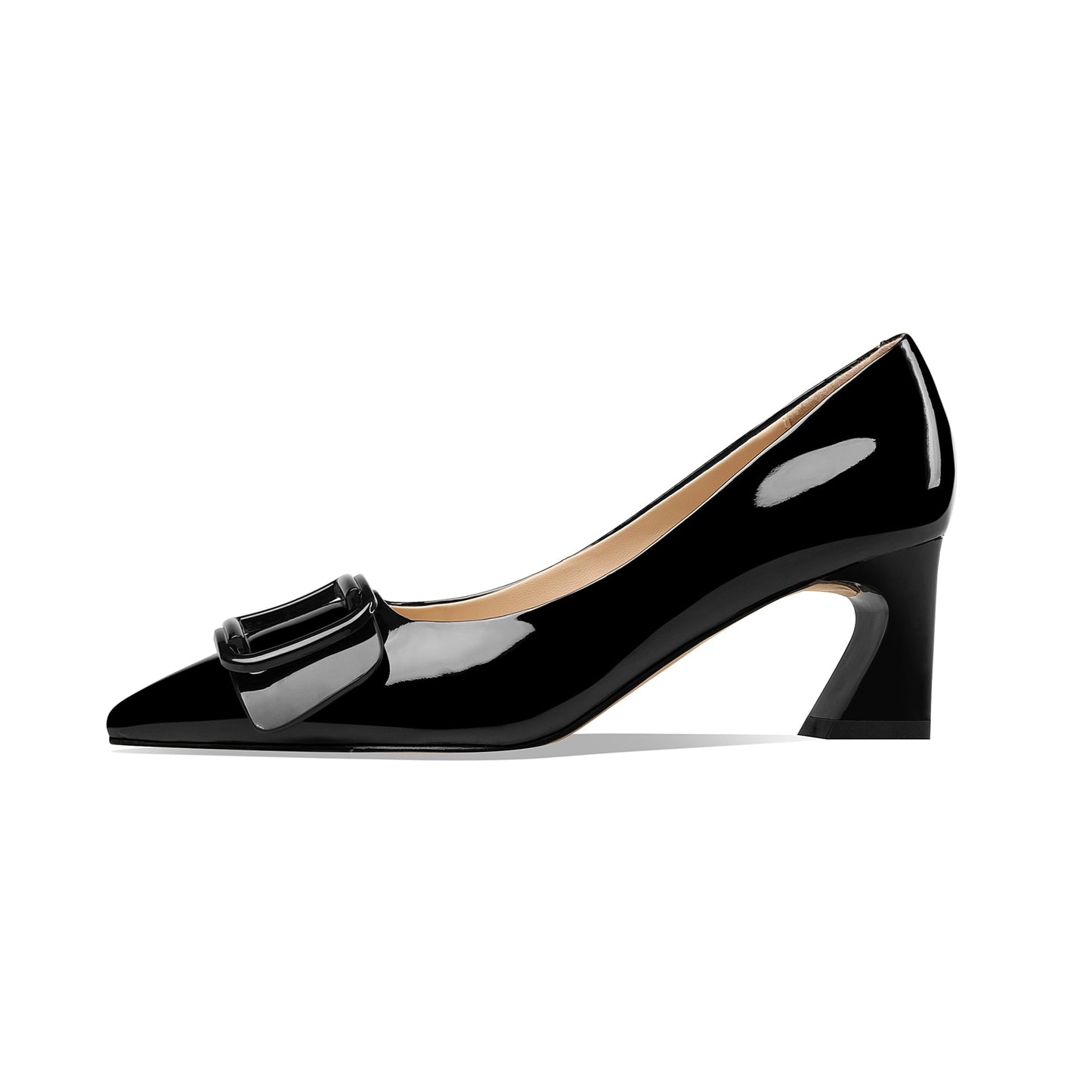 Nine Seven Handmade Women's Clossy Patent Leather Mid Spool Heel Pointed Toe Slip On Modern Pumps with Square Buckle Pattern