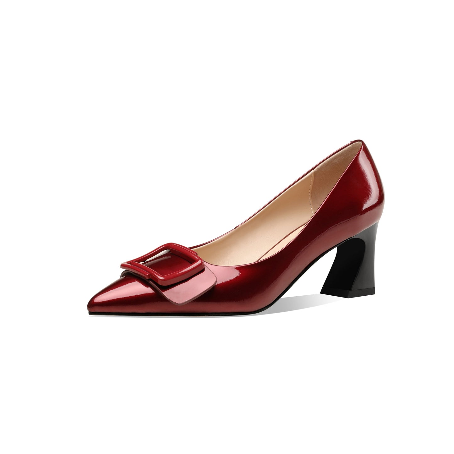 Nine Seven Handmade Women's Clossy Patent Leather Mid Spool Heel Pointed Toe Slip On Modern Pumps with Square Buckle Pattern