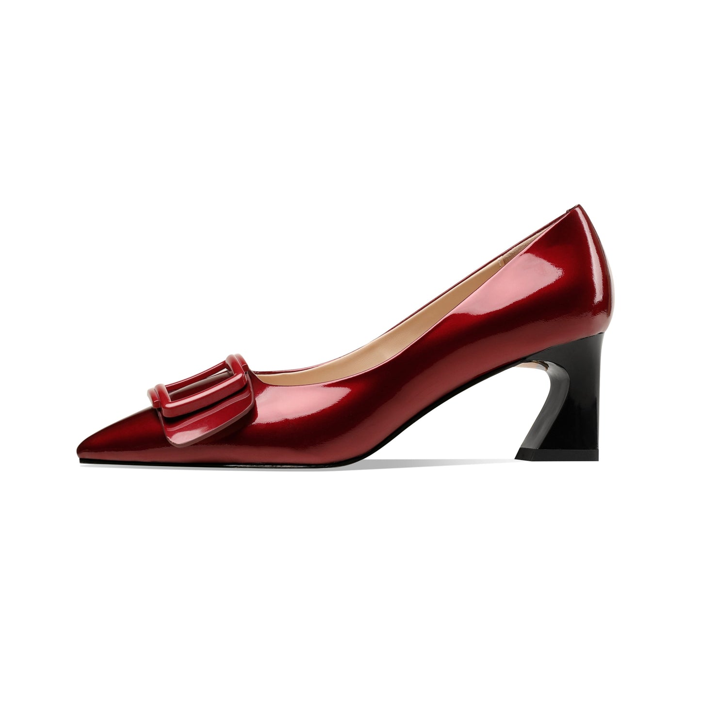 Nine Seven Handmade Women's Clossy Patent Leather Mid Spool Heel Pointed Toe Slip On Modern Pumps with Square Buckle Pattern