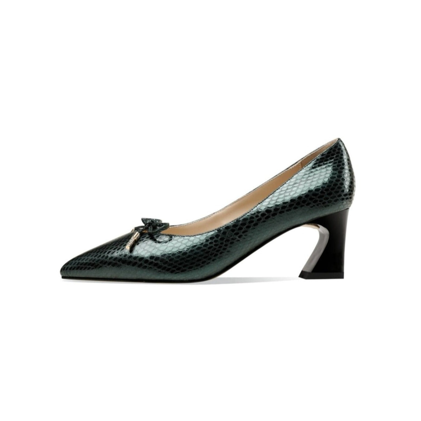 Nine Seven Handmade Women's Embossed Genuine Leather Cute Bowtie Mid Spool Heel Pointed Toe Elegant Pumps