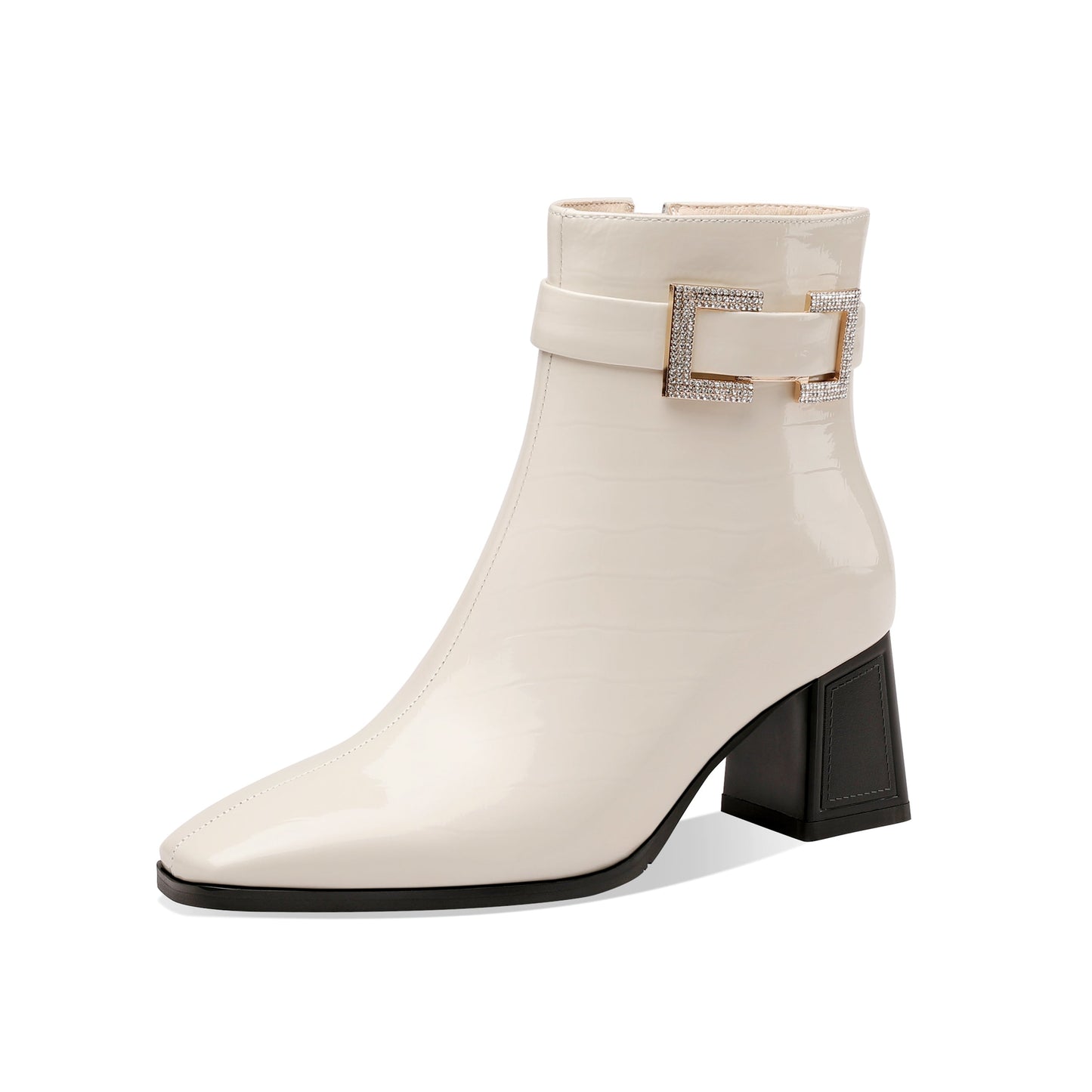 Nine Seven Women's Handmade Checkered Patent Leather Comfortable Block Heel Side Zip Up Glitter Buckle Design Chic Dress Boots