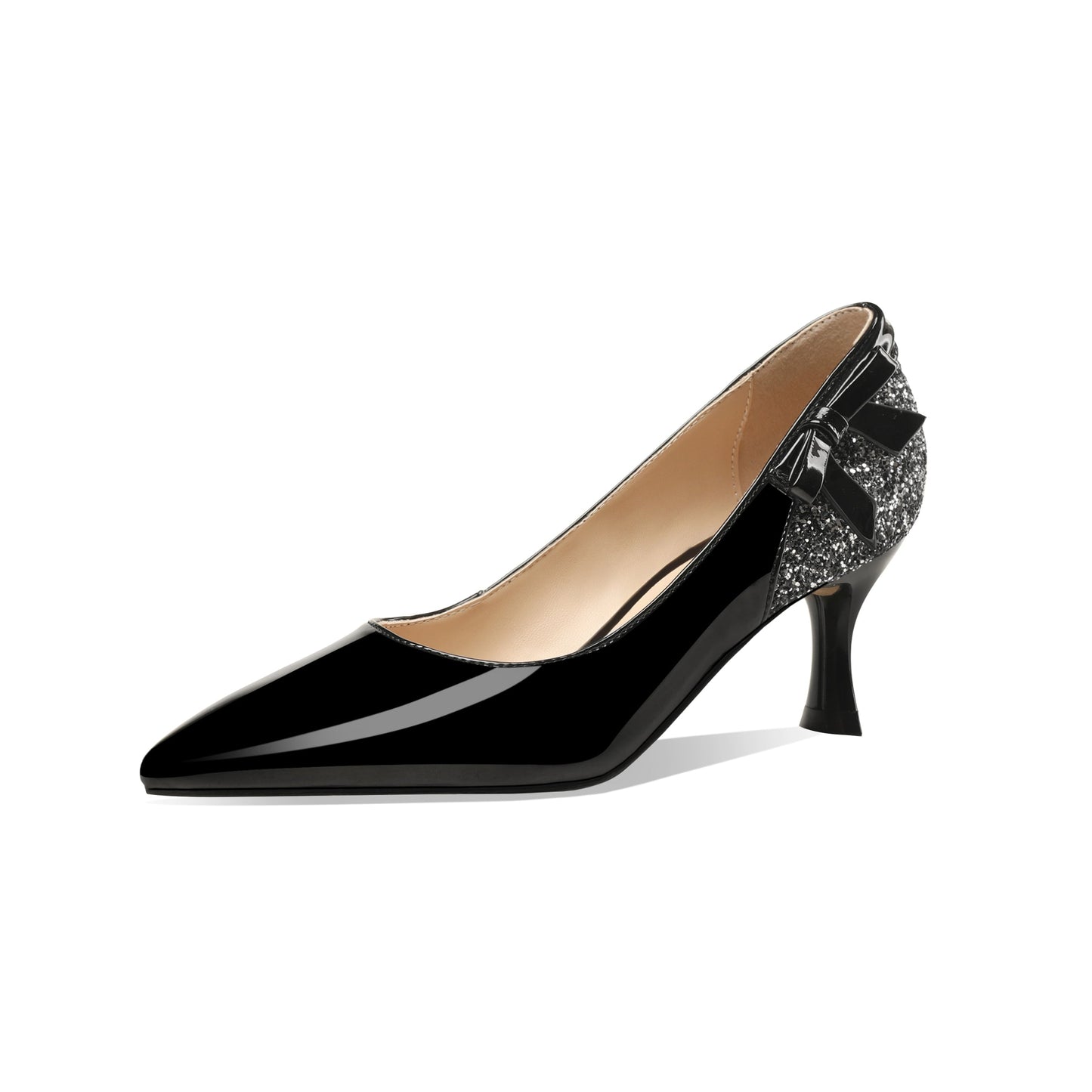 Nine Seven Women's Handmade Glossy Patent Leather Pointed Toe Mid Stiletto Heel Slip On Glitter Pumps with Bowtie