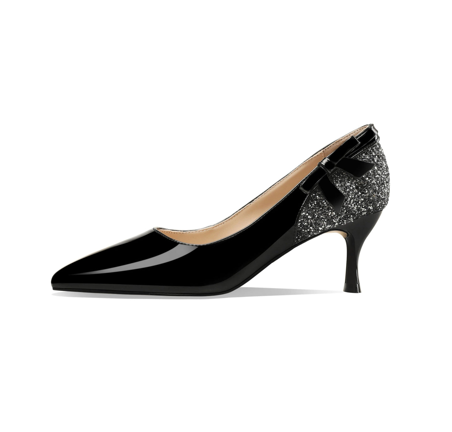 Nine Seven Women's Handmade Glossy Patent Leather Pointed Toe Mid Stiletto Heel Slip On Glitter Pumps with Bowtie