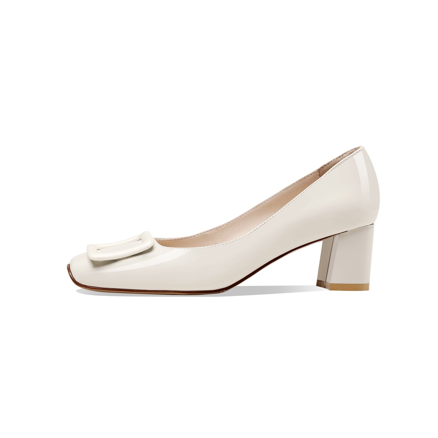Nine Seven Women's Glossy Patent Leather Handmade Square Toe Comfortable Mid Chunky Heel Slip On Office Pumps with Square Pattern