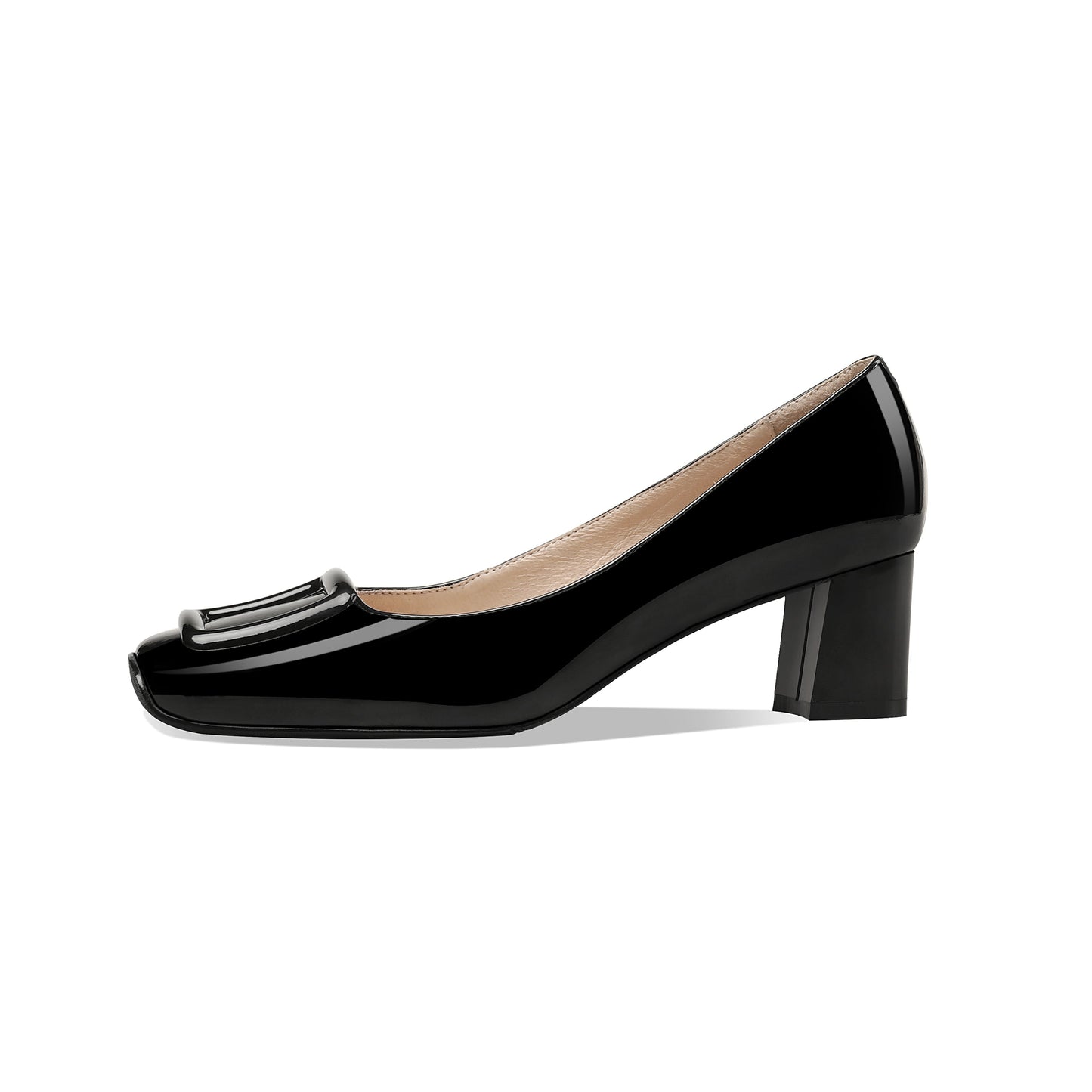 Nine Seven Women's Glossy Patent Leather Handmade Square Toe Comfortable Mid Chunky Heel Slip On Office Pumps with Square Pattern