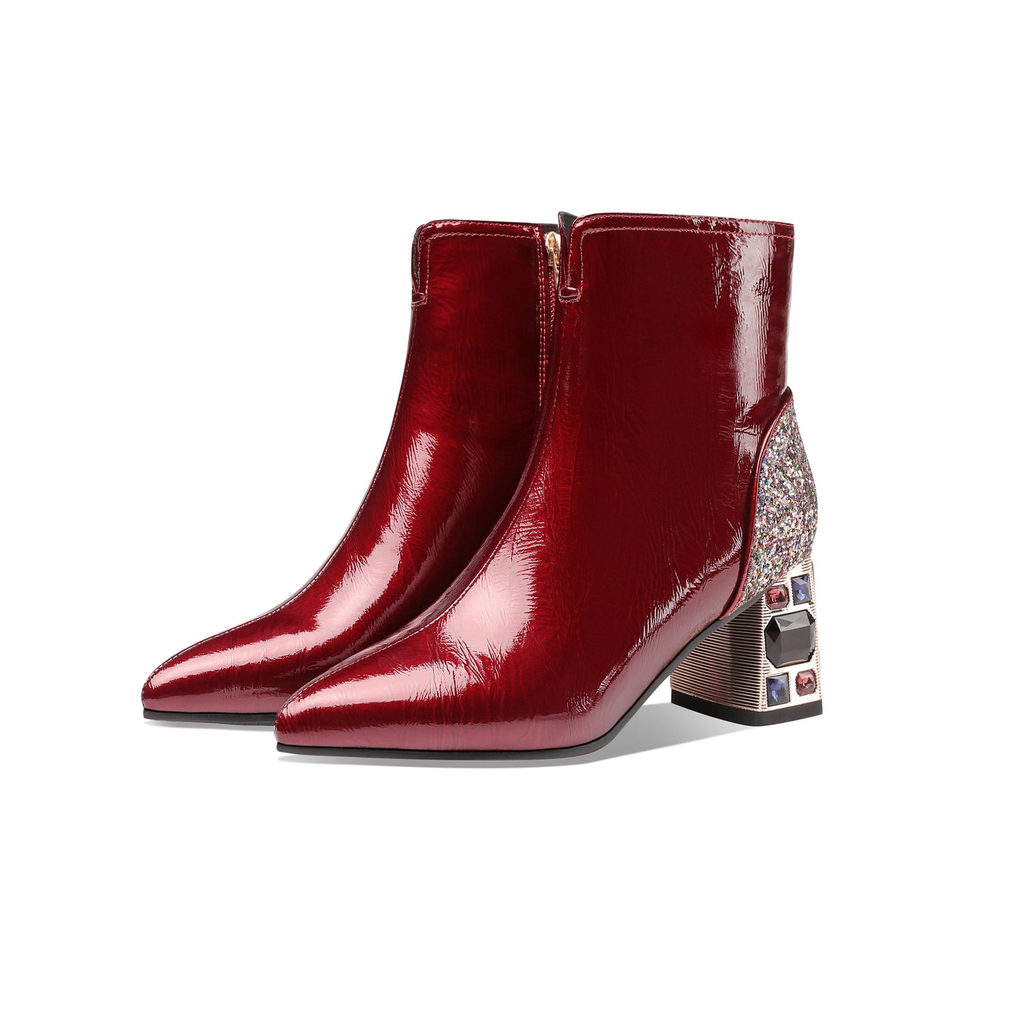 Nine Seven Women's Handmade Patent Leather Clear Pointed Toe Crystal Decor Chunky Heel Side Zip Sparkling Glitter Ankle Boots