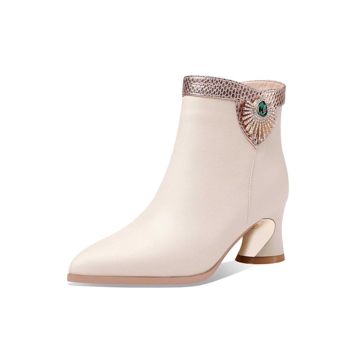 Nine Seven Women's Handmade Genuine Leather Pointed Toe Chunky Heel Side Zip Up Ankle Boots with Glitter Rhinestone