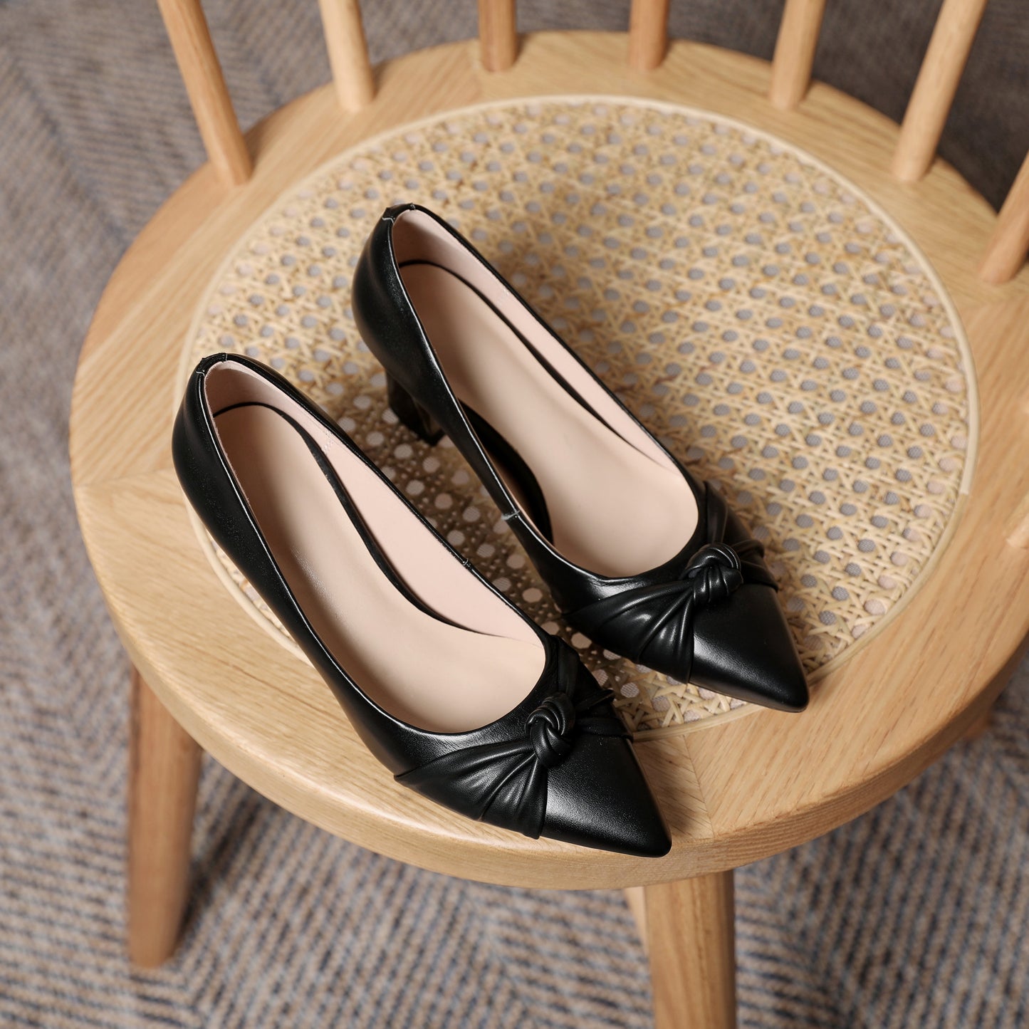Nine Seven Women's Genuine Leather Pointed Toe Handmade Knot Décor Mid Chunky Heels Elegant Pumps Shoes