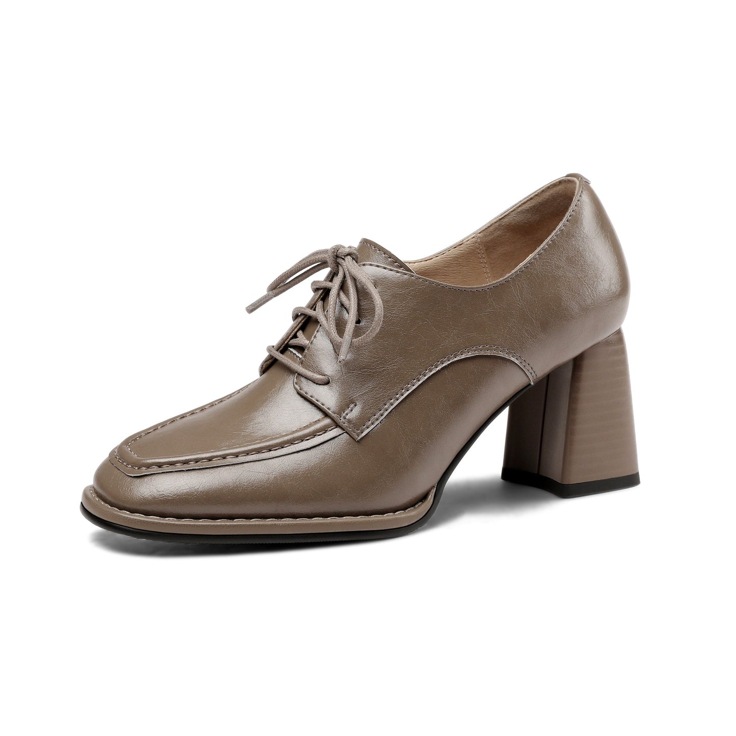 Nine Seven Women's Genuine Leather Handmade Lace Up Mid Chunky Heels Stylish Pumps Shoes