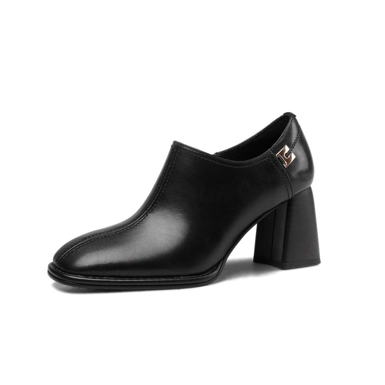 Nine Seven Women's Square Toe Genuine Leather Handmade Side Zipper Mid Chunky Heel Retro Pumps Shoes
