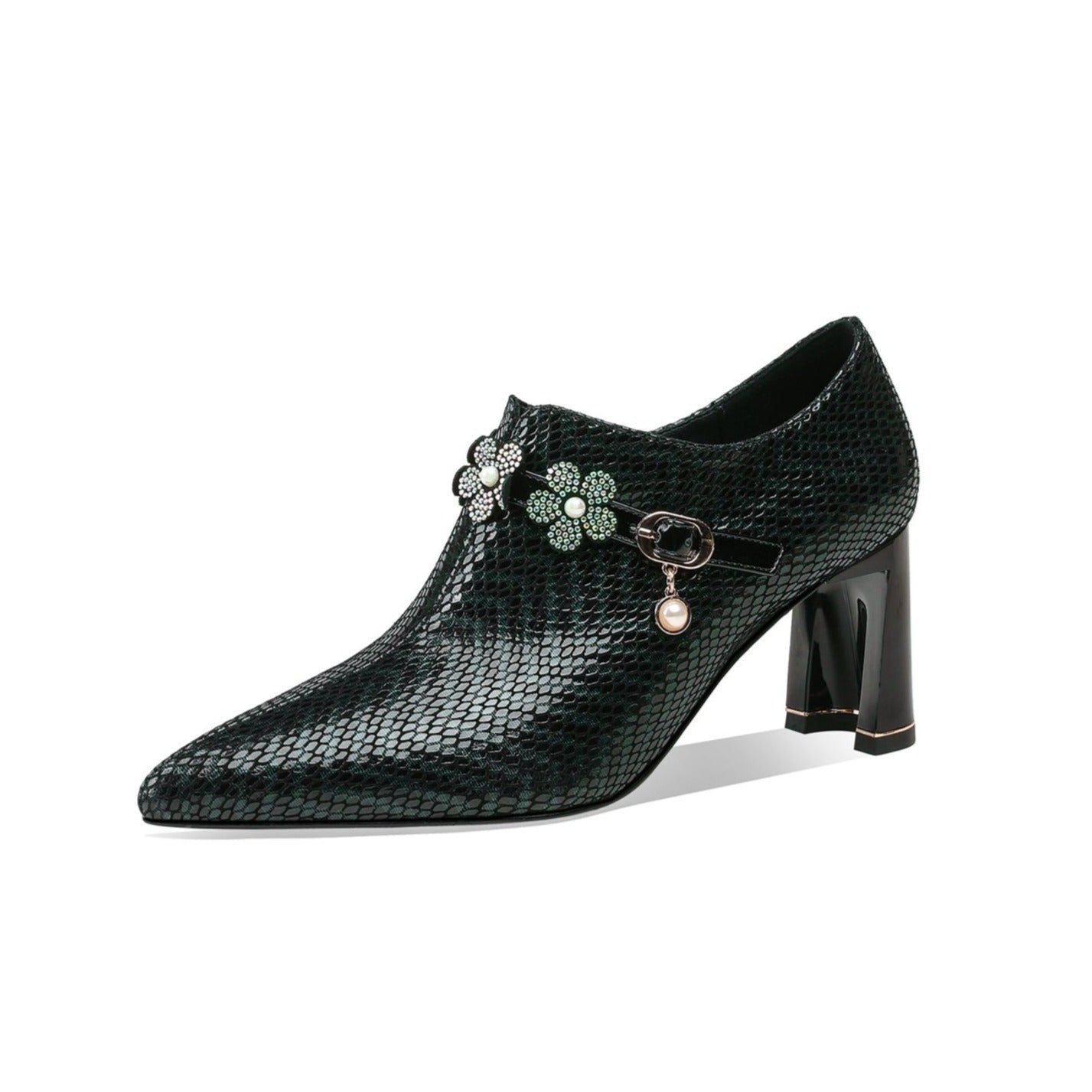Nine Seven Printing Genuine Leather Women's Pointed Toe Handmade Flower Décor Side Zip Up Unique Mid Chunky Heels