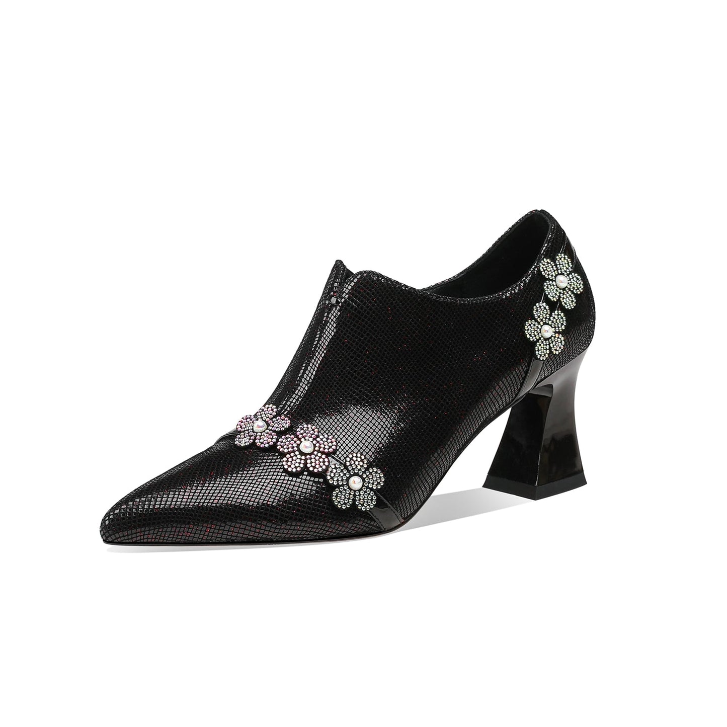 Nine Seven Women's Pointed Toe Genuine Leather Handmade Flower Décor Side Zip Up Mid Chunky Heels Shoes