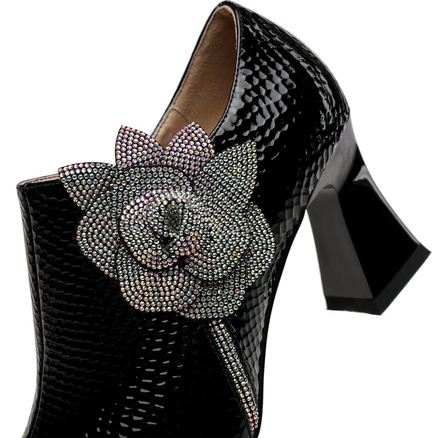Nine Seven Women's Pointed Toe Patent Leather Handmade Flower Décor Side Zip Up Mid Chunky Heels Pumps Shoes