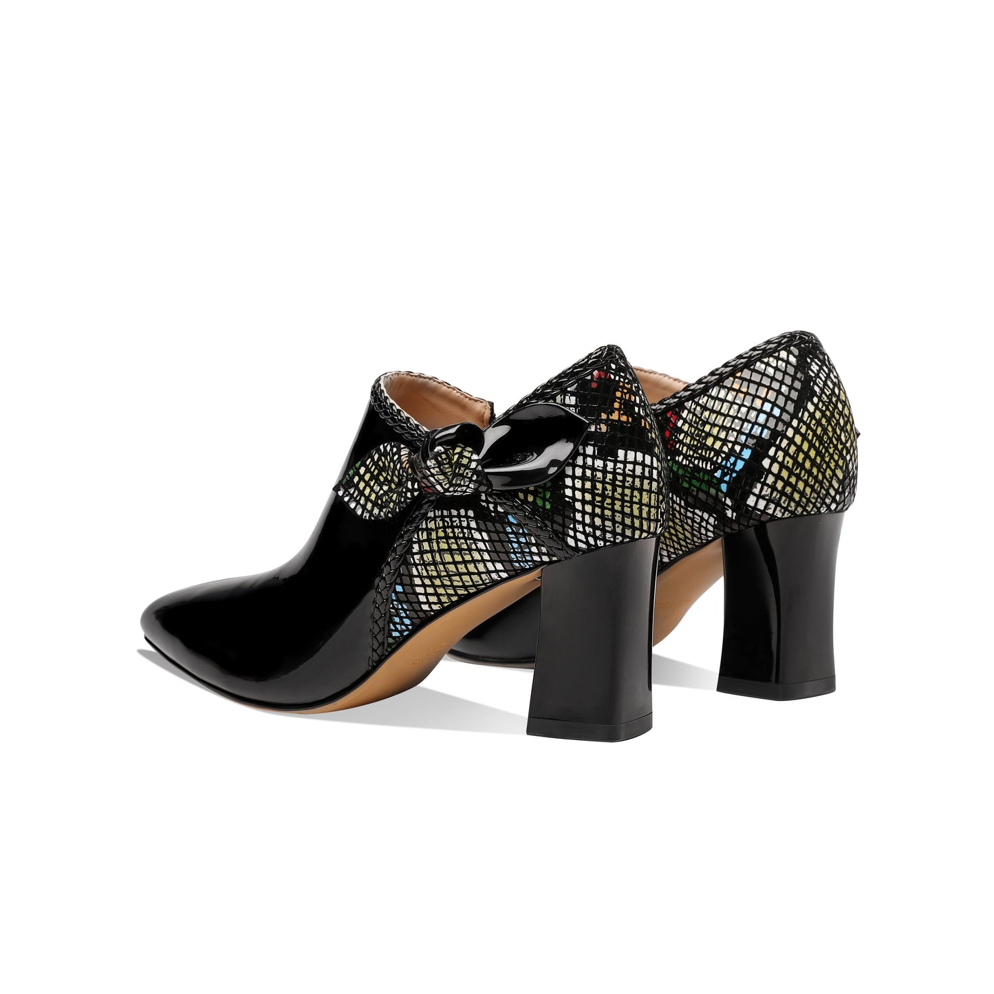 Nine Seven Women's Glossy Patent Leather Handmade Side Zip Up Block Heel Pointed Toe Cute Bow Oxford Pumps with Mesh Pattern