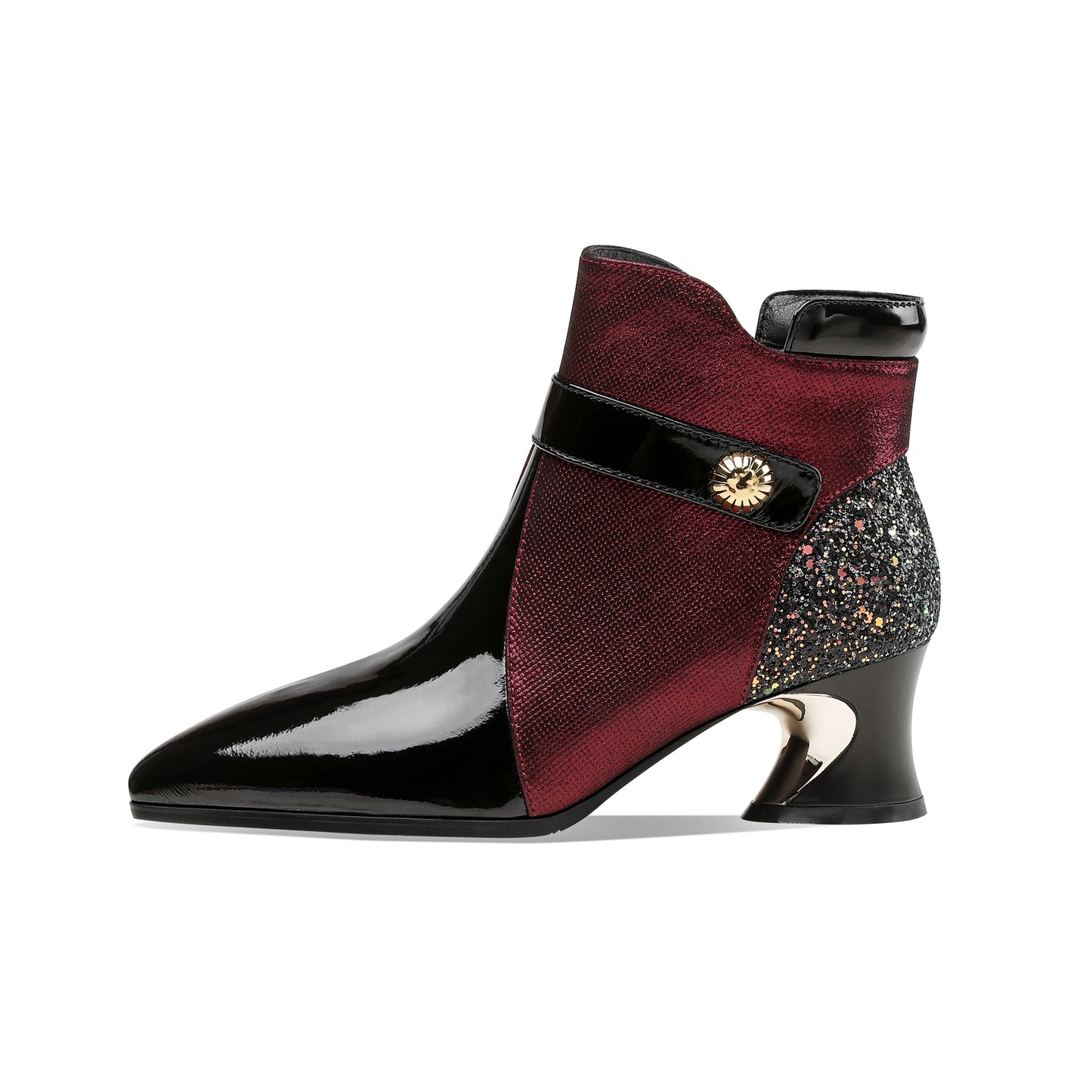 Nine Seven Handmade Women's Glossy Genuine Leather Sexy Stitching Color Side Zipper Pointed Toe Low Chunky Ankle Boots