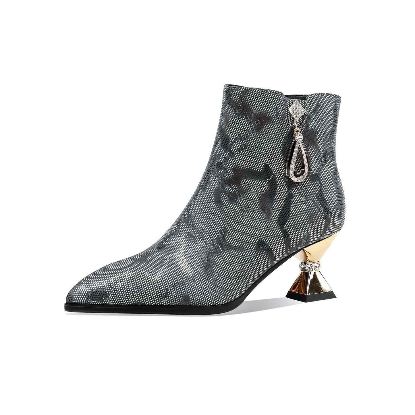 Nine Seven Handmade Women's Assorted Color Genuine Leather Rhinestones Printed Snakeskin Side Zipper Pointed Toe Mid Spool Heel Ankle Boots