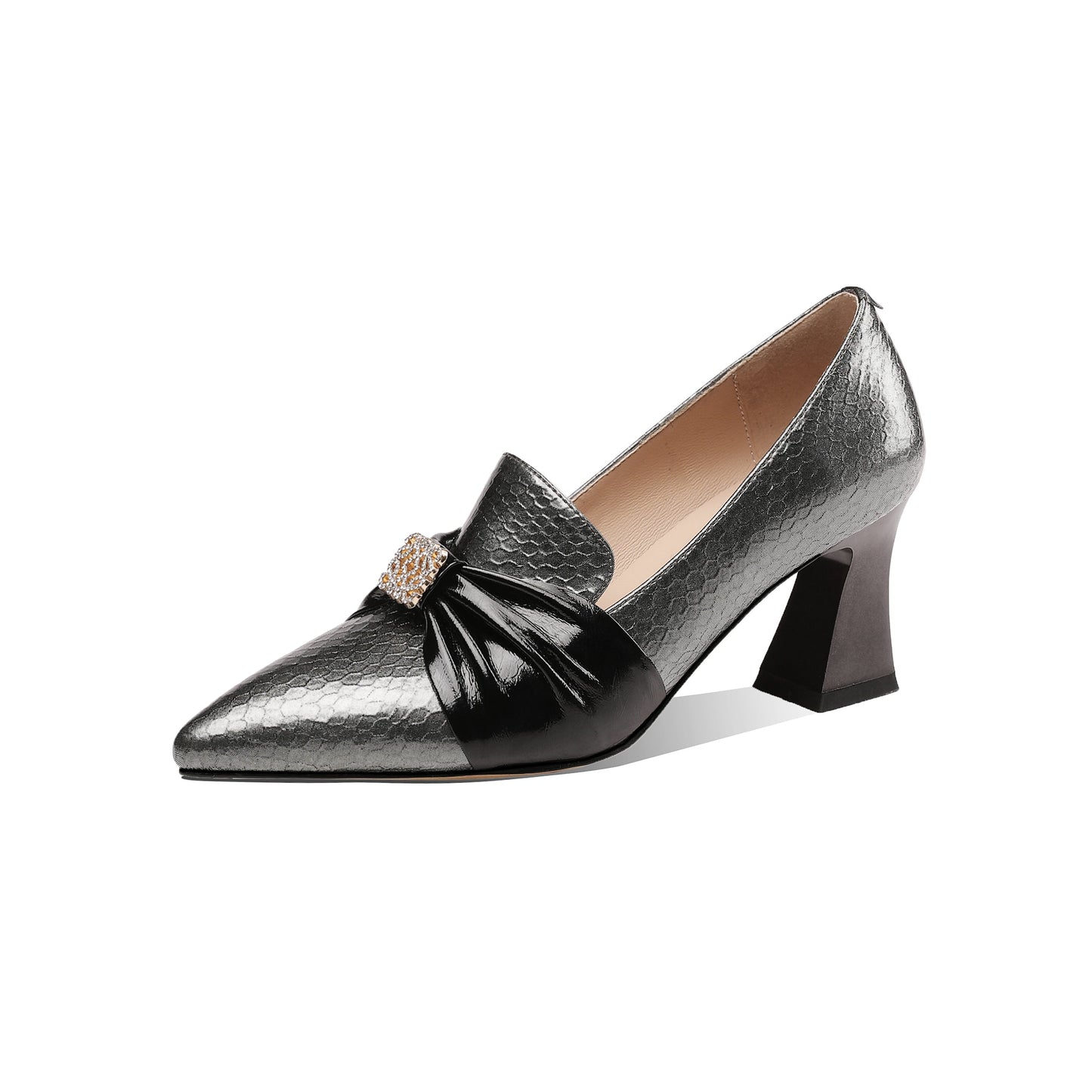 Nine Seven Women's Genuine Leather Handmade Pointy Toe Elegant Spool Heel Rhinestone Pattern Pumps Shoes