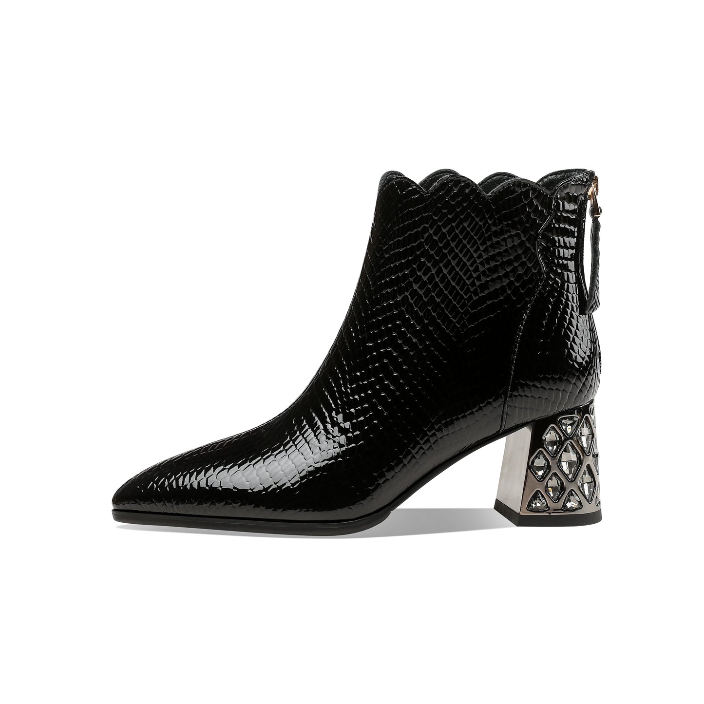 Nine Seven Handmade Women's Patent Leather Front Zipper Pointed Toe Mid Rhinestones Chunky Heel Ankle Boots