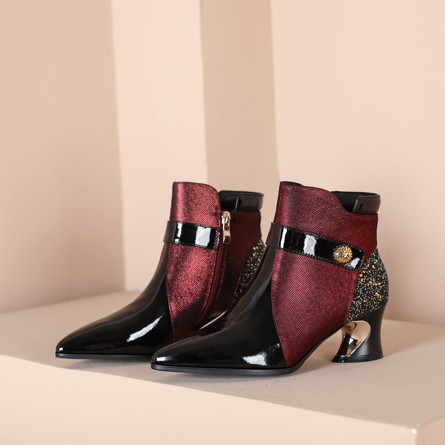 Nine Seven Handmade Women's Glossy Genuine Leather Sexy Stitching Color Side Zipper Pointed Toe Low Chunky Ankle Boots