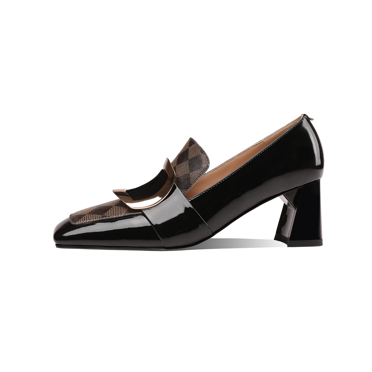 Nine Seven Patent Leather Women's Handmade Metal Square Pattern Design Classic Chunky Heel Loafer Pumps