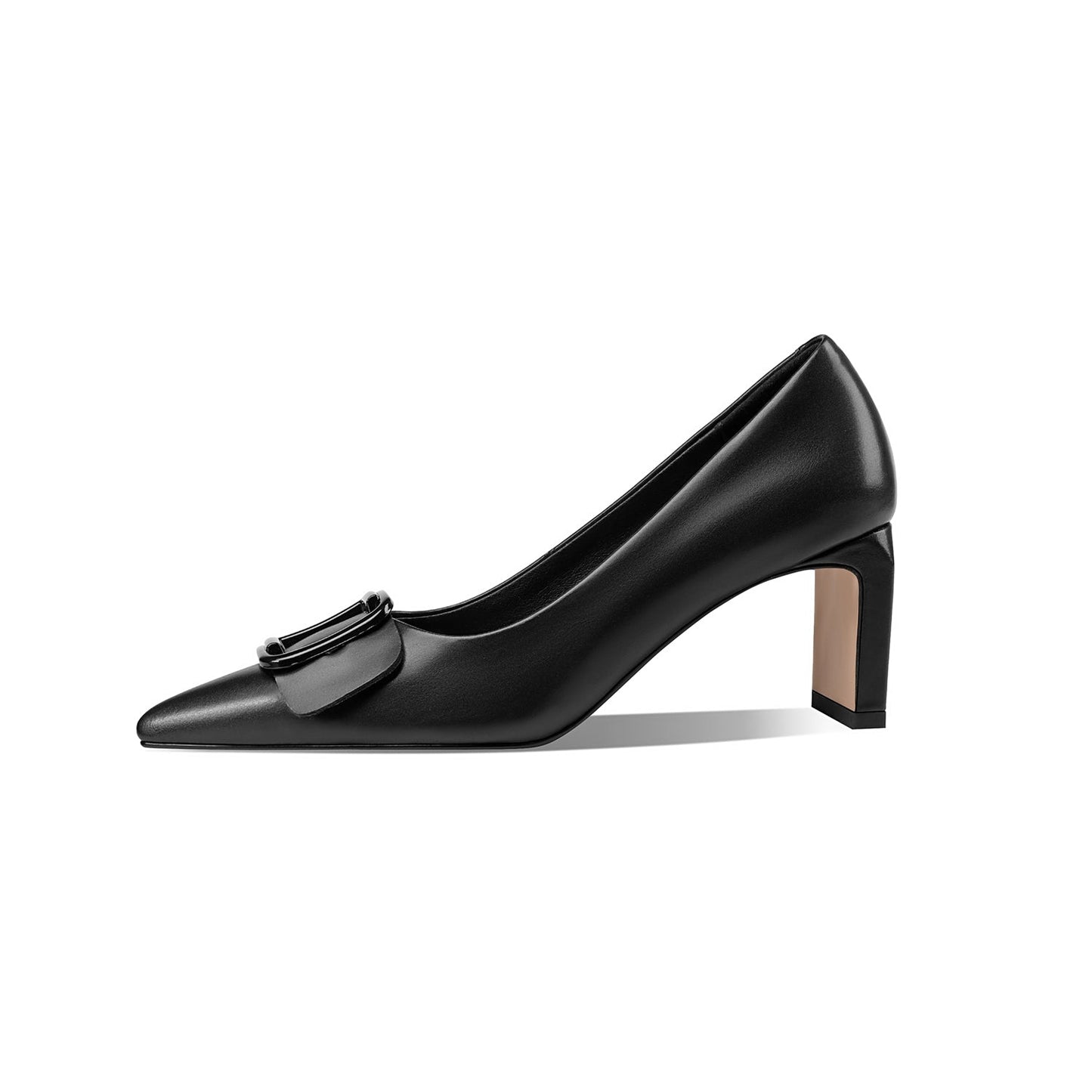 Nine Seven Women's Genuine Leather Pointed Toe Handmade Mid Block Heel Slip On Elegent Pumps Shoes with Buckle