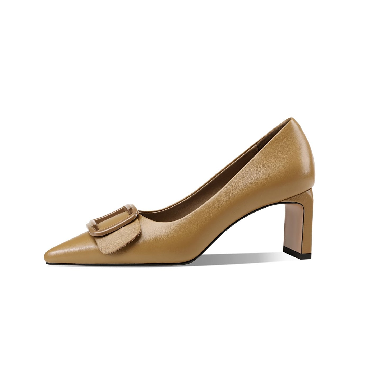 Nine Seven Women's Genuine Leather Pointed Toe Handmade Mid Block Heel Slip On Elegent Pumps Shoes with Buckle
