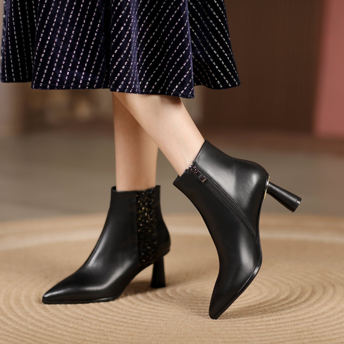 Nine Seven Women's Genuine Leather Handmade Side Zip Up Elegant Cone Heel Button Decor Black Ankle Boots