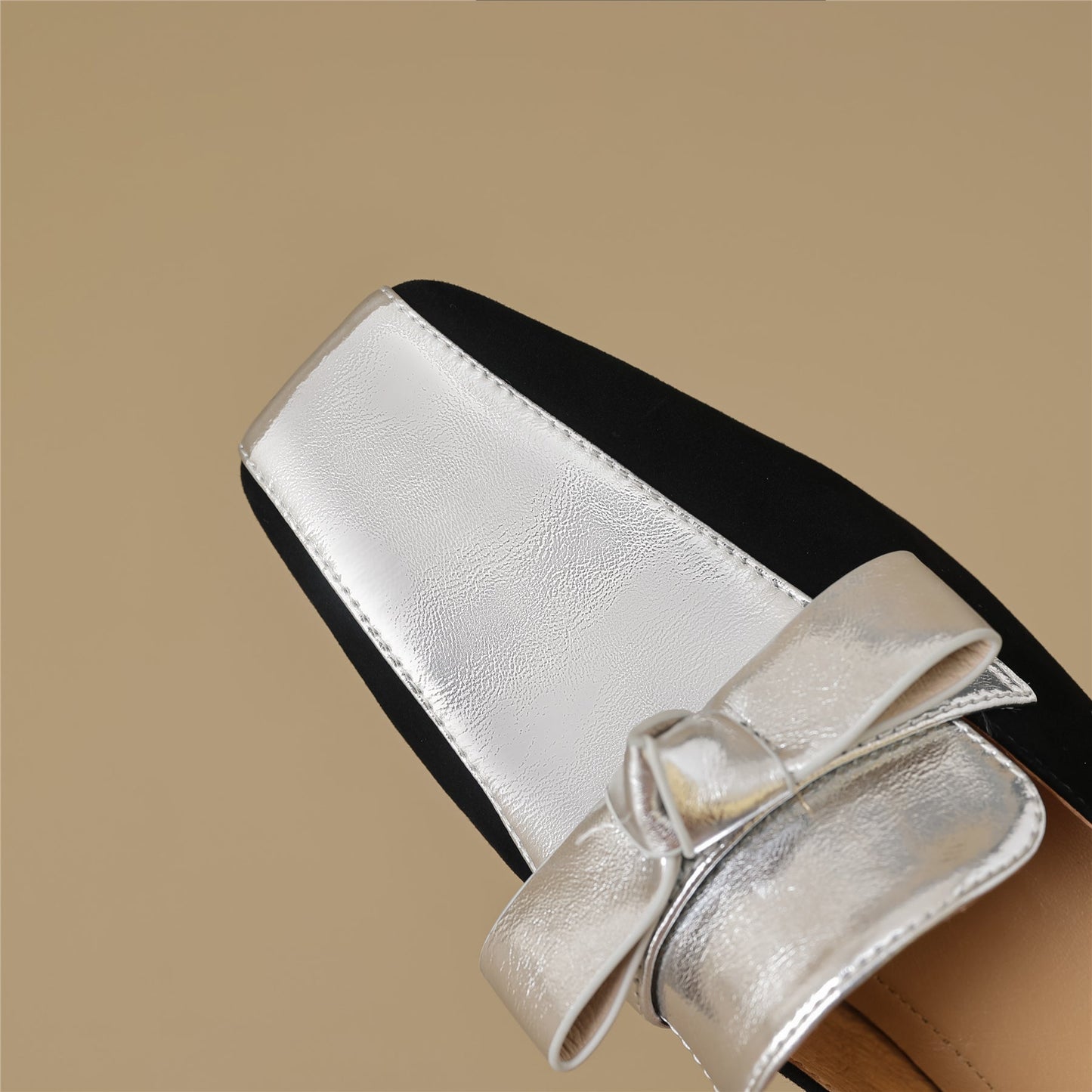 Handmade Women's Leather Slip On Square Toe Bowtie Chunky Heel Flats Shoes