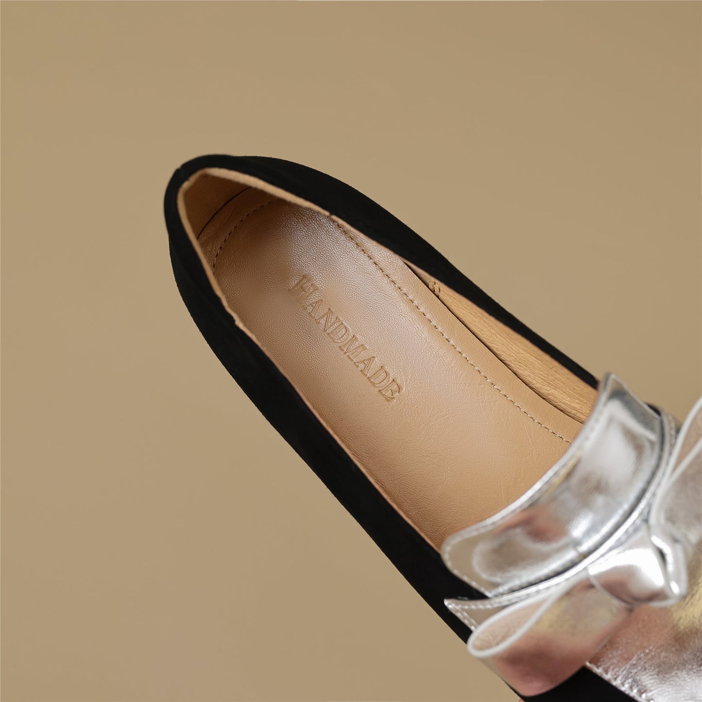 Handmade Women's Leather Slip On Square Toe Bowtie Chunky Heel Flats Shoes