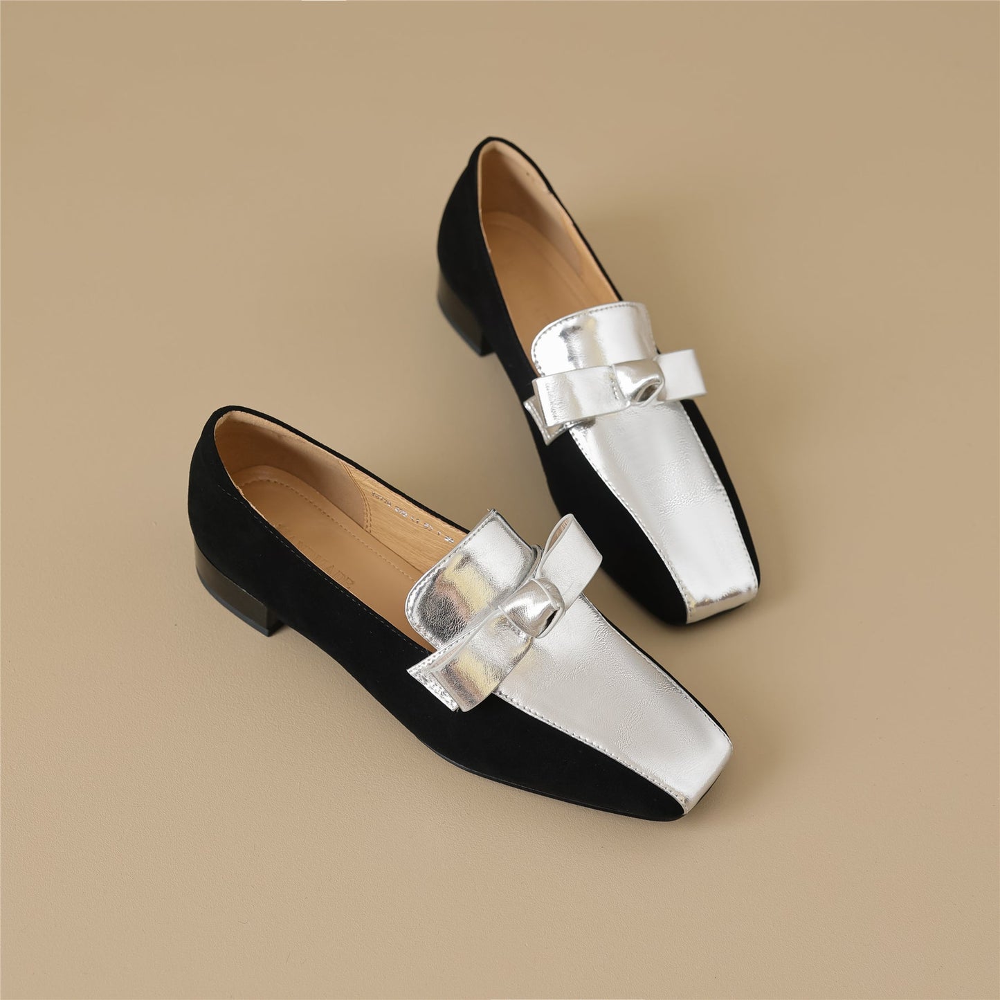 Handmade Women's Leather Slip On Square Toe Bowtie Chunky Heel Flats Shoes