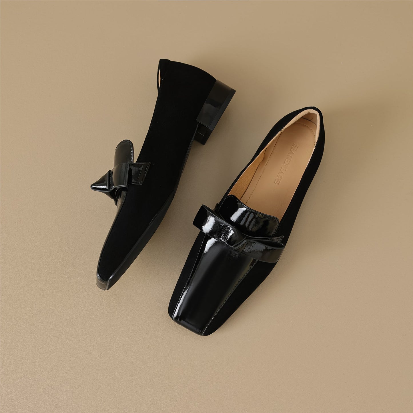 Handmade Women's Leather Slip On Square Toe Bowtie Chunky Heel Flats Shoes
