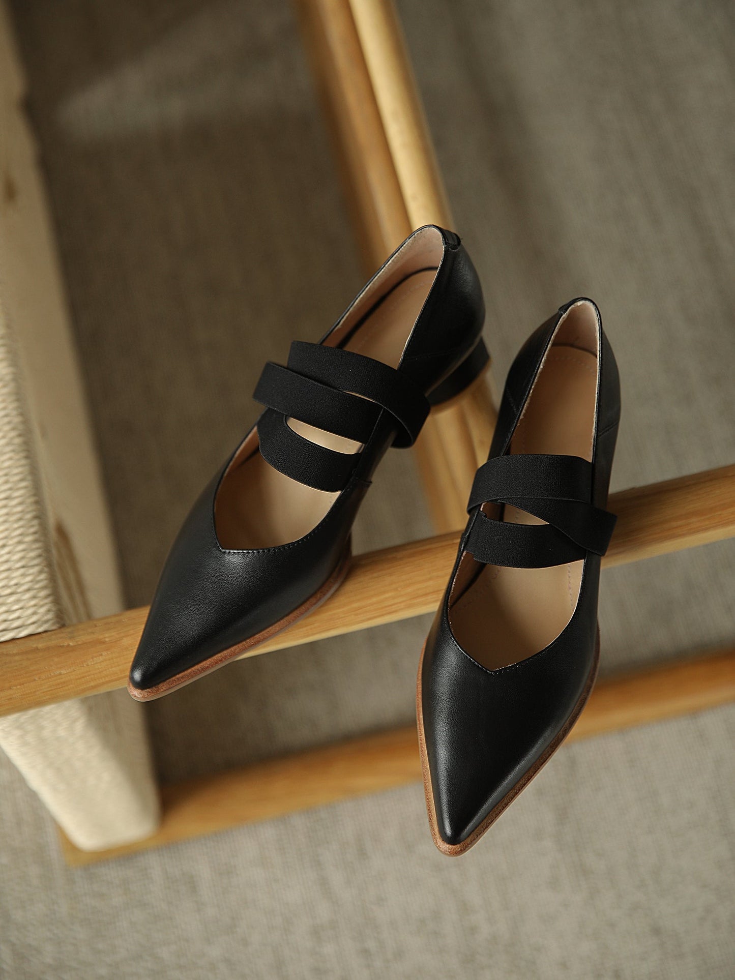 Nine Seven Women's Genuine Leather Pointed Toe Handmade Elastic Band Low Chunky Heel Comfort Pumps Shoes