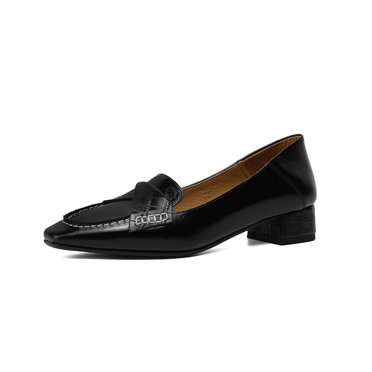 Nine Seven Genuine Leather Women's Handmade Square Toe Low Chunky Heel Classic Oxford Pump Shoes with Sewing Thread Decor
