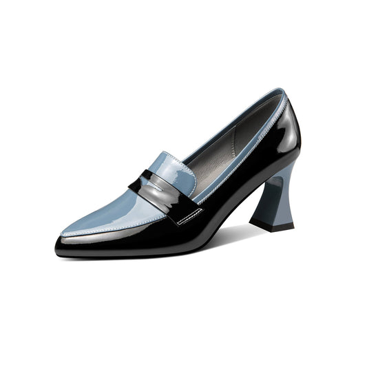 Nine Seven Women's Handmade Glossy Patent Leather Spool Heel Pointy Toe Pumps with Modern Assorted Color
