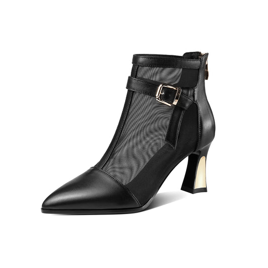 Nine Seven Women's Mesh and Genuine Leather Handmade Spool Heel Zip Up Ankle Boots with Stylish Buckle