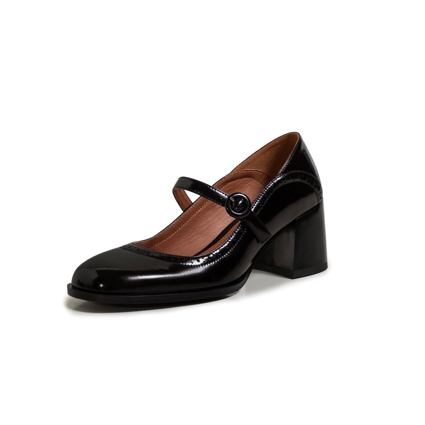 Nine Seven Glossy Genuine Leather Women's Handmade Round Toe Mid Block Heel Buckle Cute Mar Jane Pump Shoes