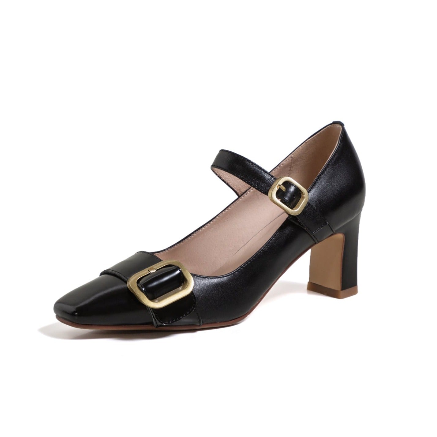 Nine Seven Genuine Leather Women's Handmade Littele Square Toe Buckle Mid Chunky Heel Classic Mary Jane Pump Shoes