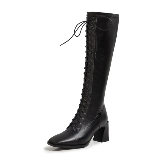 Nine Seven Women's Handmade Genuine Leather Square Toe Mid Spool Heel Side Zip Up Knee High Boots with Cool Adjustable Band