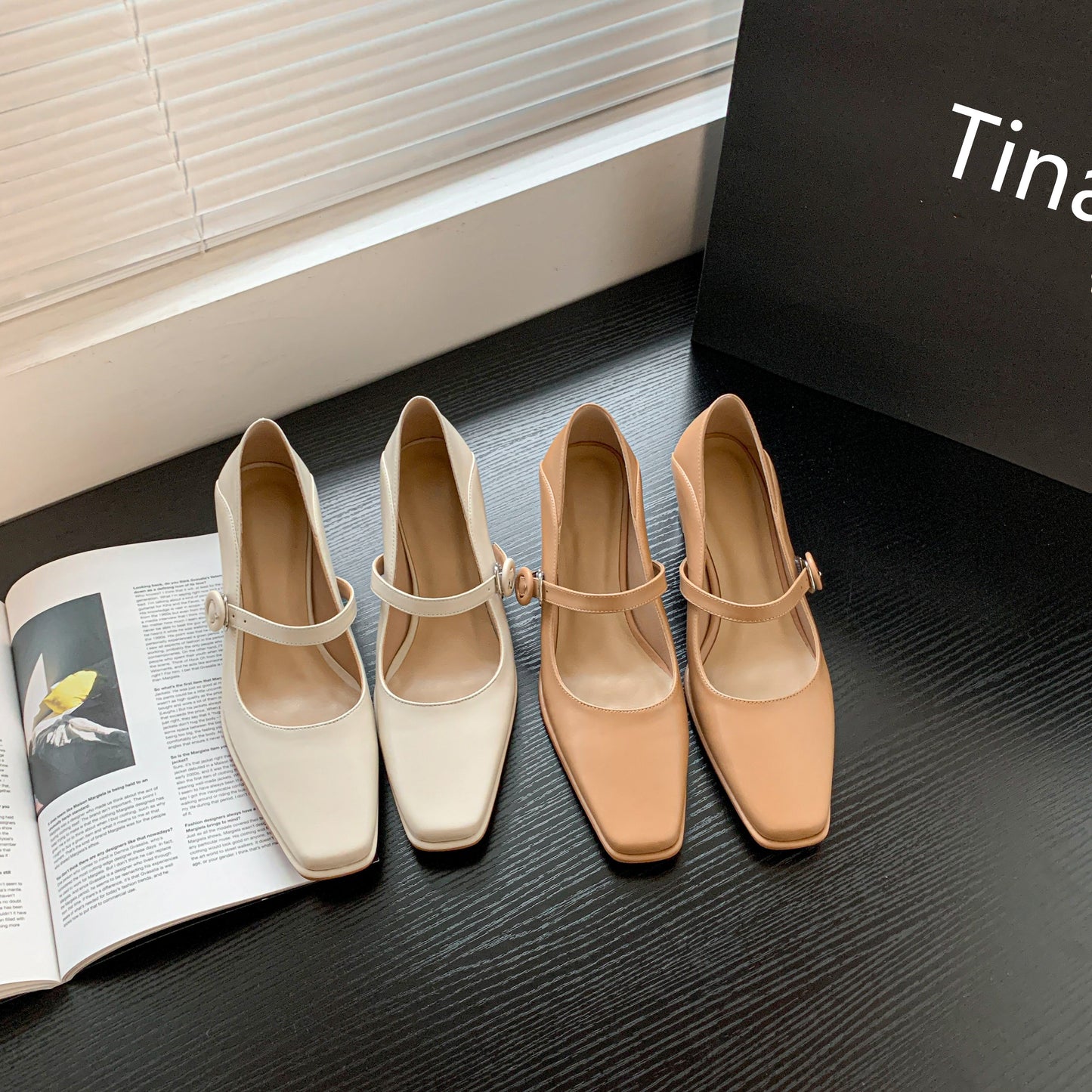 Nine Seven Women's Genuine Leather Handmade Classic Square Toe Mid Heel Buckle Closure Mary Jane Pumps
