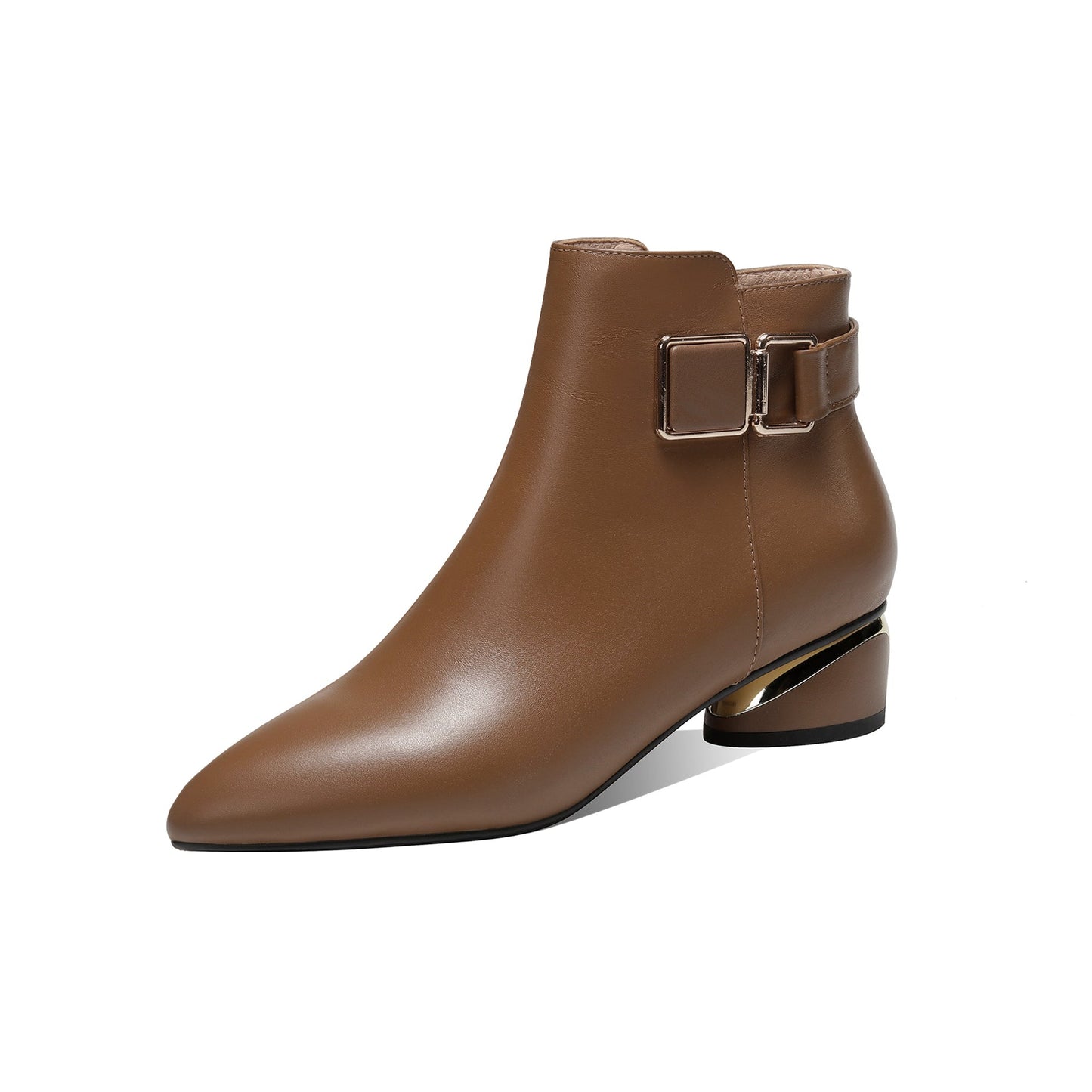 Nine Seven Women's Pointed Toe Genuine Leather Handmade Buckle Low Chunky Heels Side Zip Up Stylish Ankle Boots