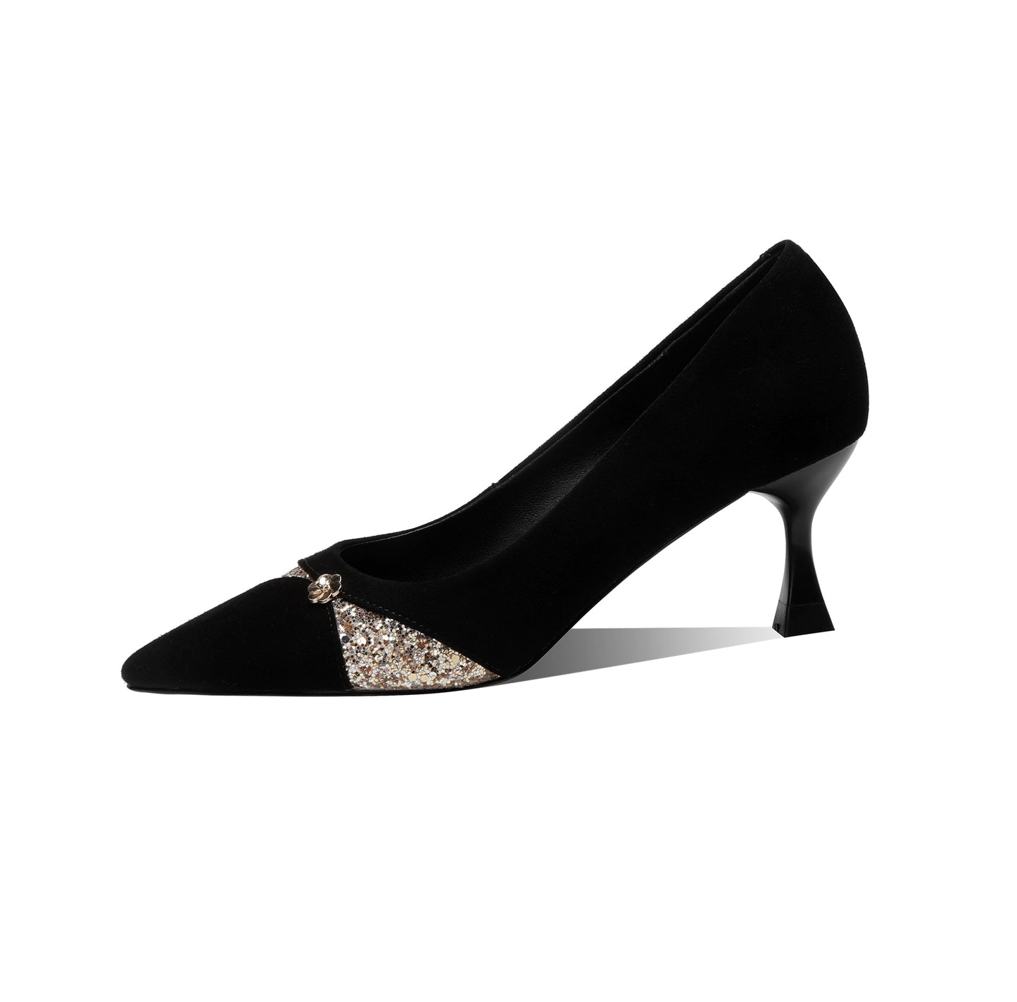Nine Seven Handmade Women's Suede Leather Glitter Slip On Pointed Toe Mid Kitten Heel Pumps Shoes