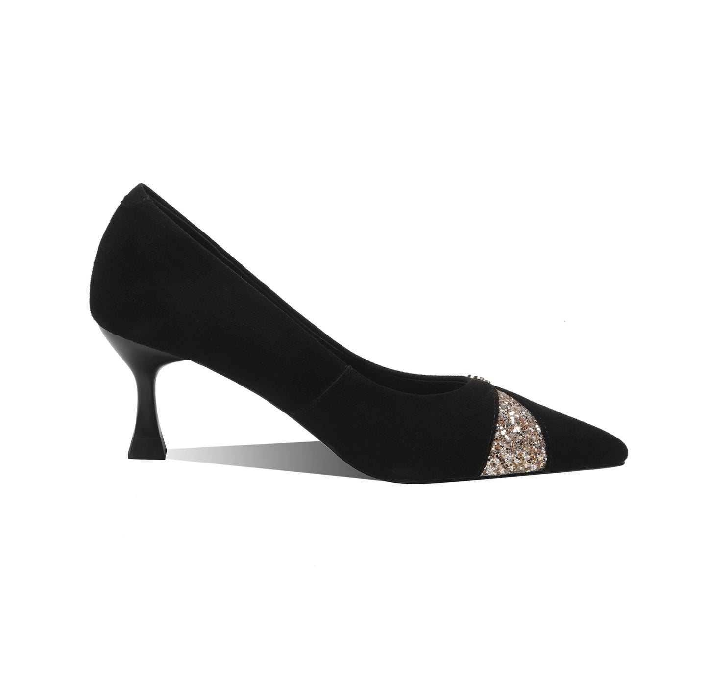 Nine Seven Handmade Women's Suede Leather Glitter Slip On Pointed Toe Mid Kitten Heel Pumps Shoes