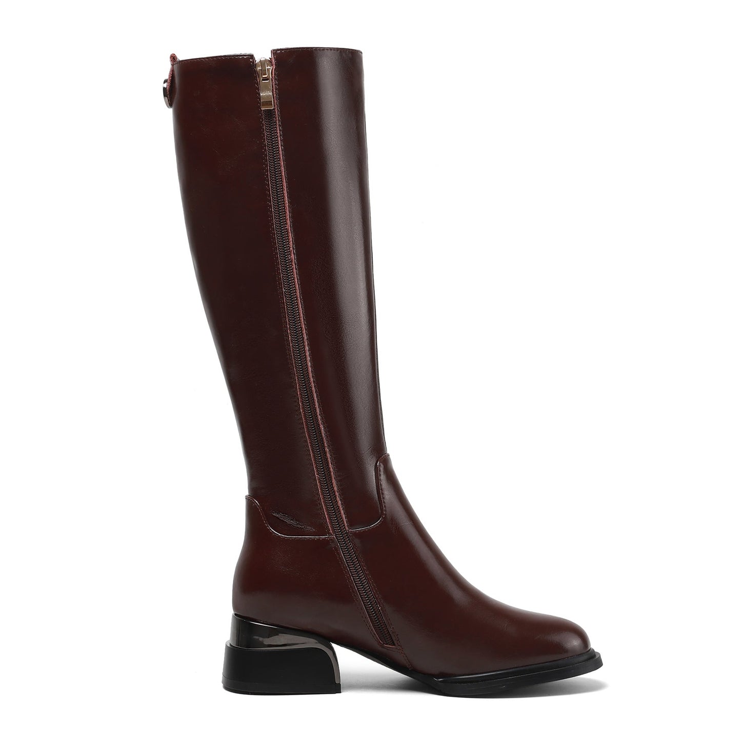 Nine Seven Women's Genuine Leather Handmade Side Zip Up Round Toe Mid Chunky Heel Knee High Riding Boots