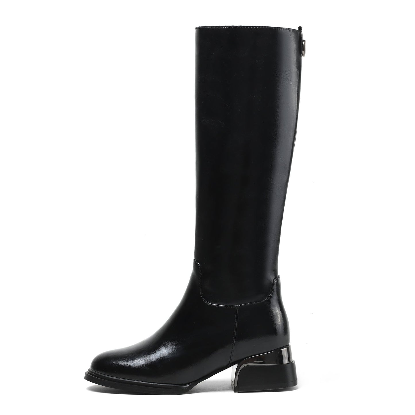 Nine Seven Women's Genuine Leather Handmade Side Zip Up Round Toe Mid Chunky Heel Knee High Riding Boots
